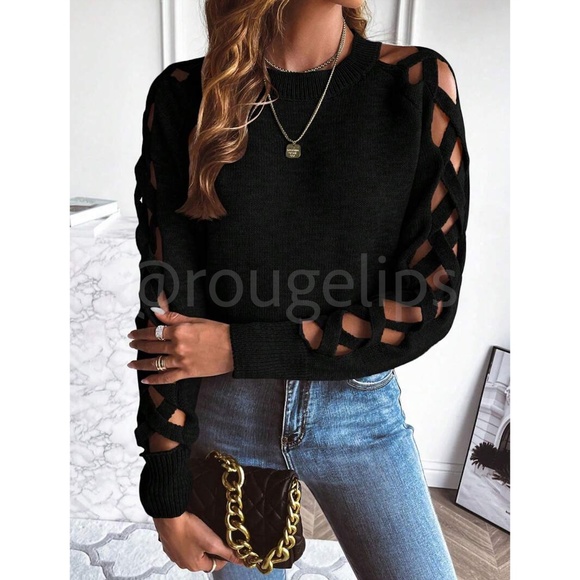 Black Knit Criss Cross Straps Cut Out Sleeve Sweater Pullover - Picture 4 of 11